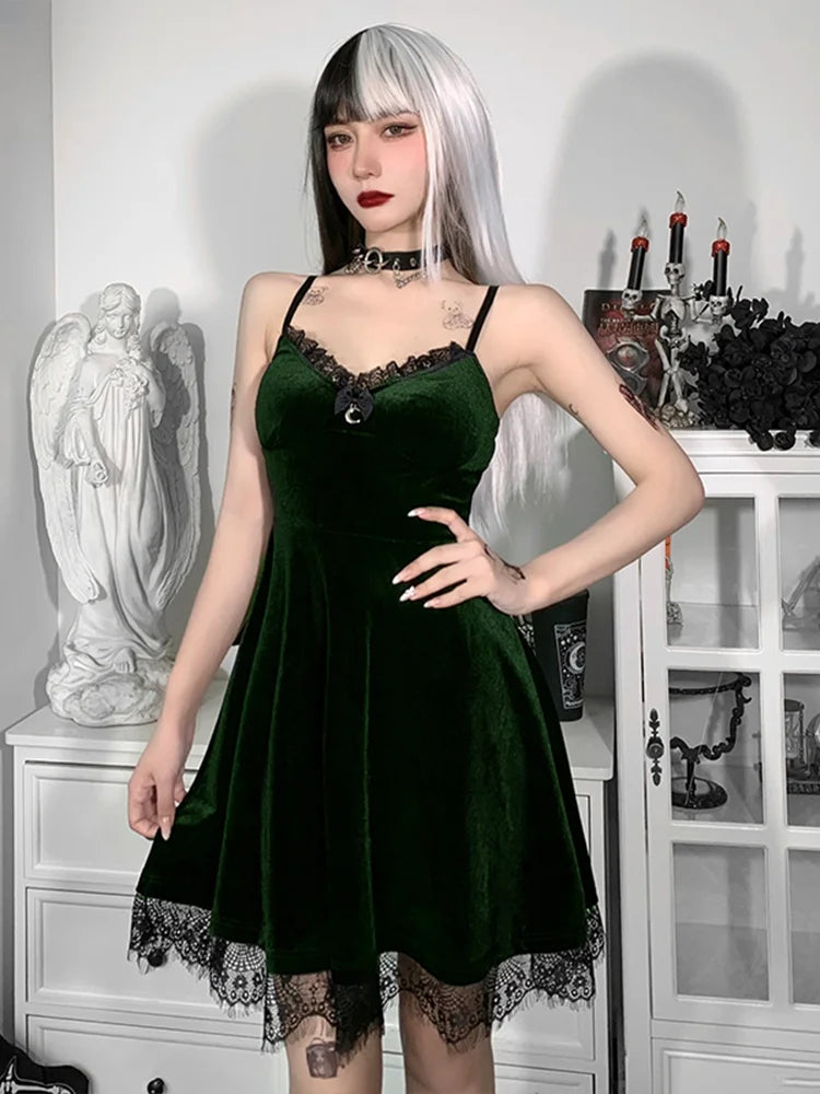 Velvet Spaghetti Strap Backless Moon Pendant Colorful Lace Trim ALine Waistin Sleeveless Corset Dress