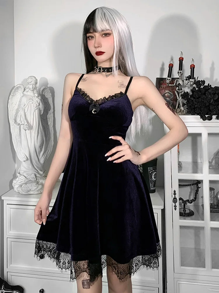 Velvet Spaghetti Strap Backless Moon Pendant Colorful Lace Trim ALine Waistin Sleeveless Corset Dress