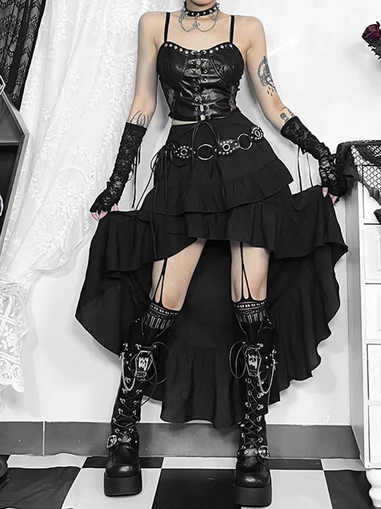 Women's SteamRetro Gothic Pleated Asymmetric HiLow Lace Party Irregular Victorian HighLow Bustle Skirt