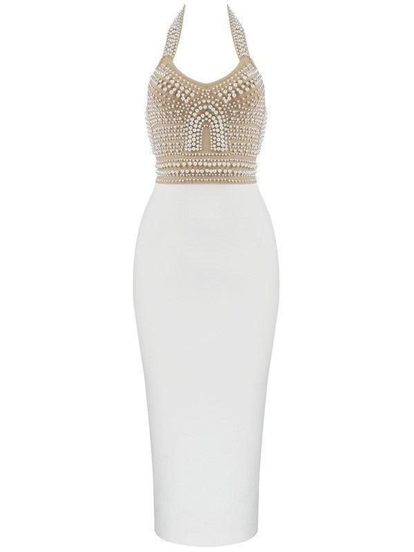 Halter Neck Pearl Beaded Mesh Bandage Bodycon Midi Dress