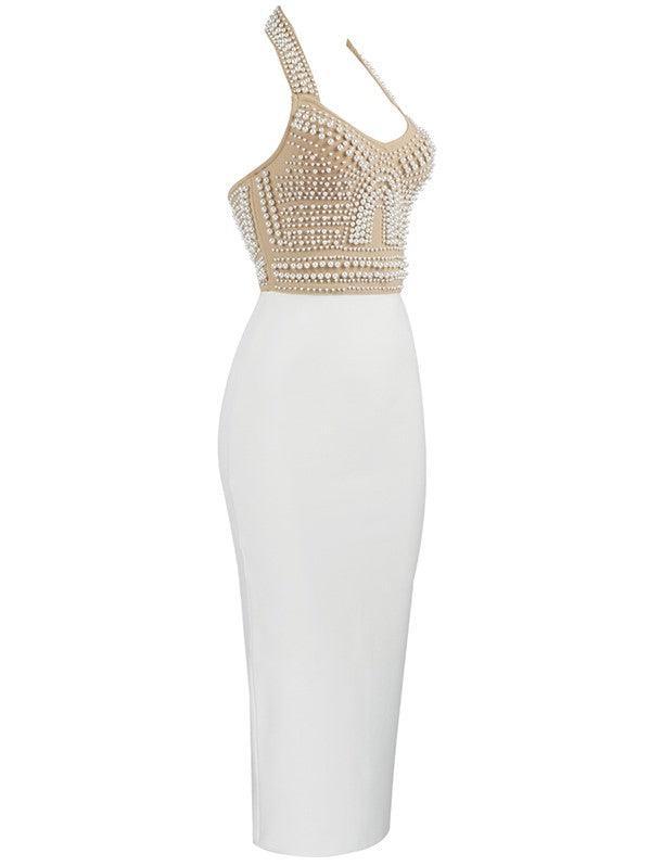 Halter Neck Pearl Beaded Mesh Bandage Bodycon Midi Dress