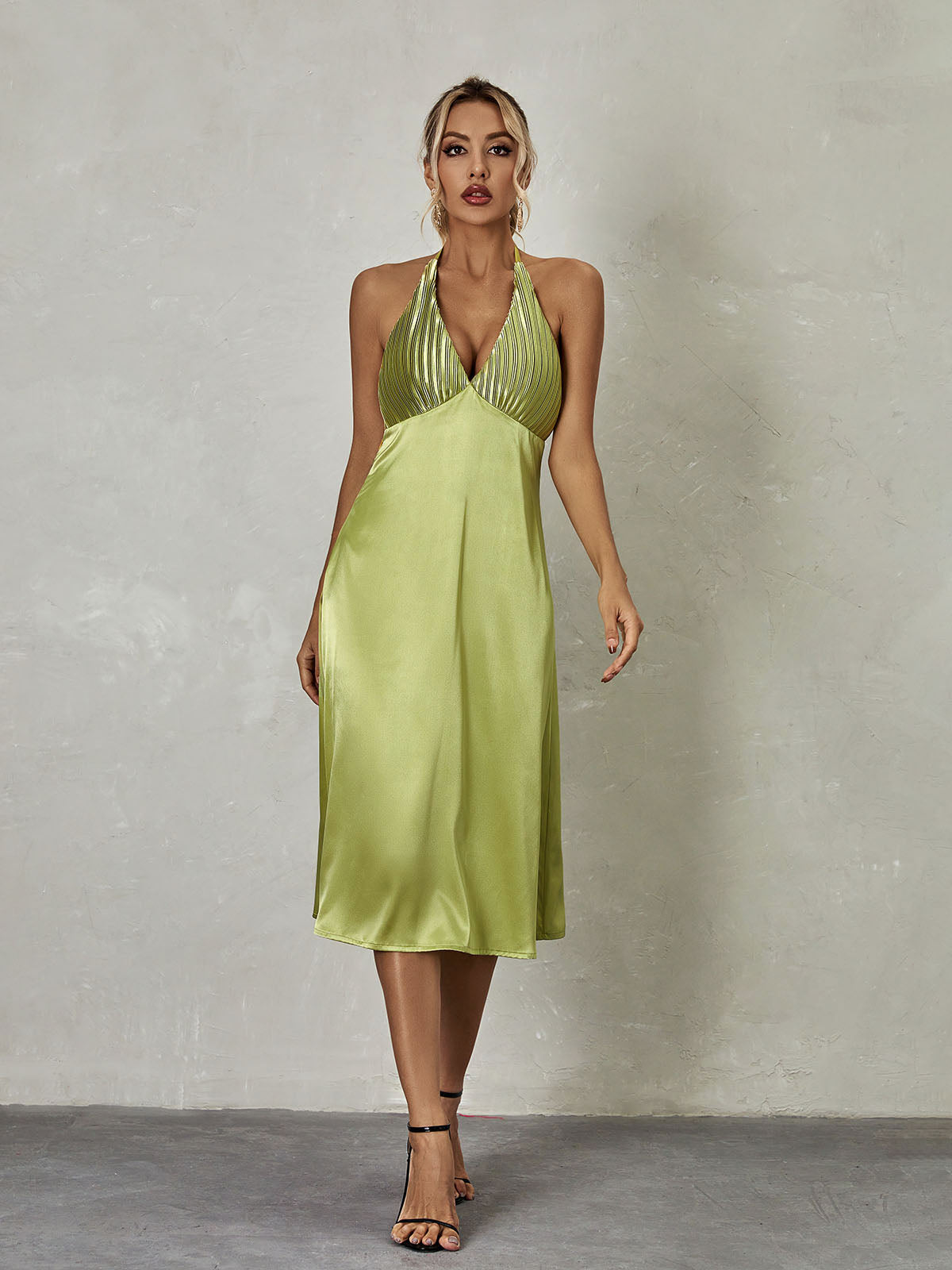 Halter Neck Pleated Bodice Satin A-Line Midi Dress