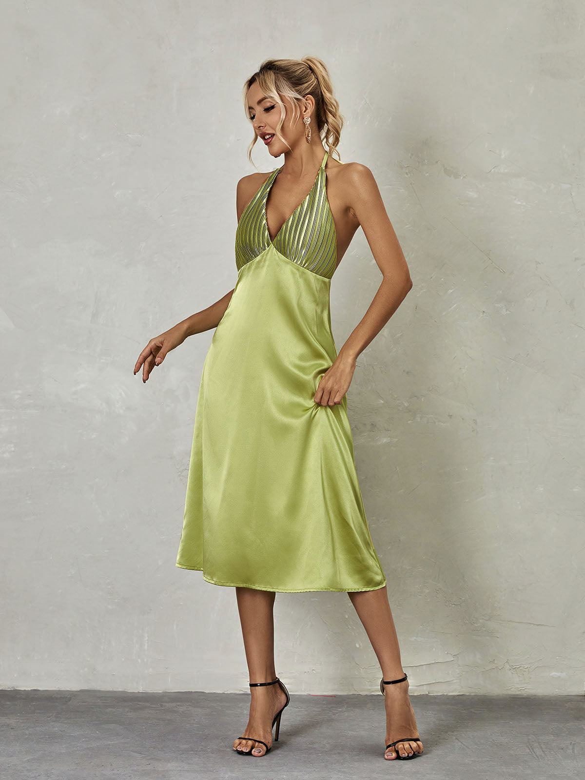 Halter Neck Pleated Bodice Satin A-Line Midi Dress