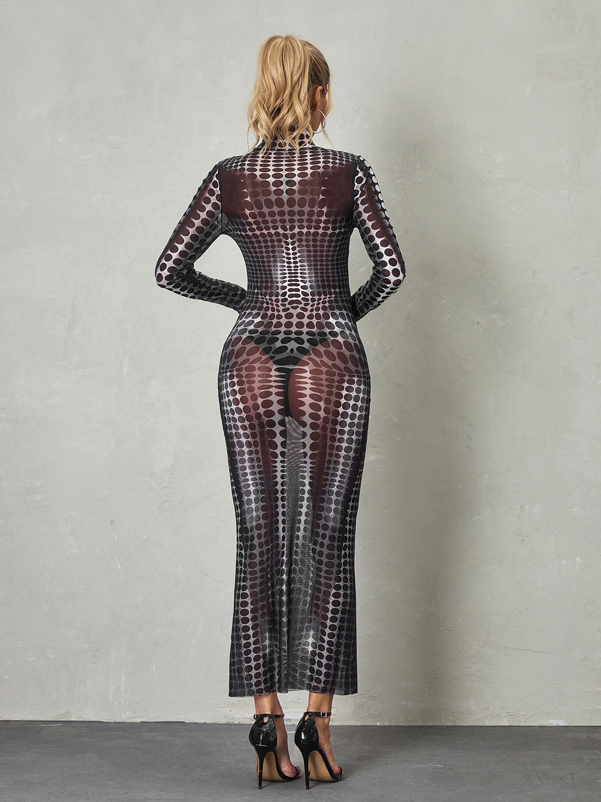 Mock Neck Long Sleeve Dot Print Mesh Bodycon Maxi Dress