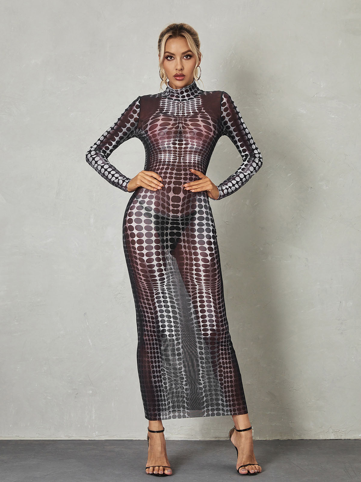 Mock Neck Long Sleeve Dot Print Mesh Bodycon Maxi Dress