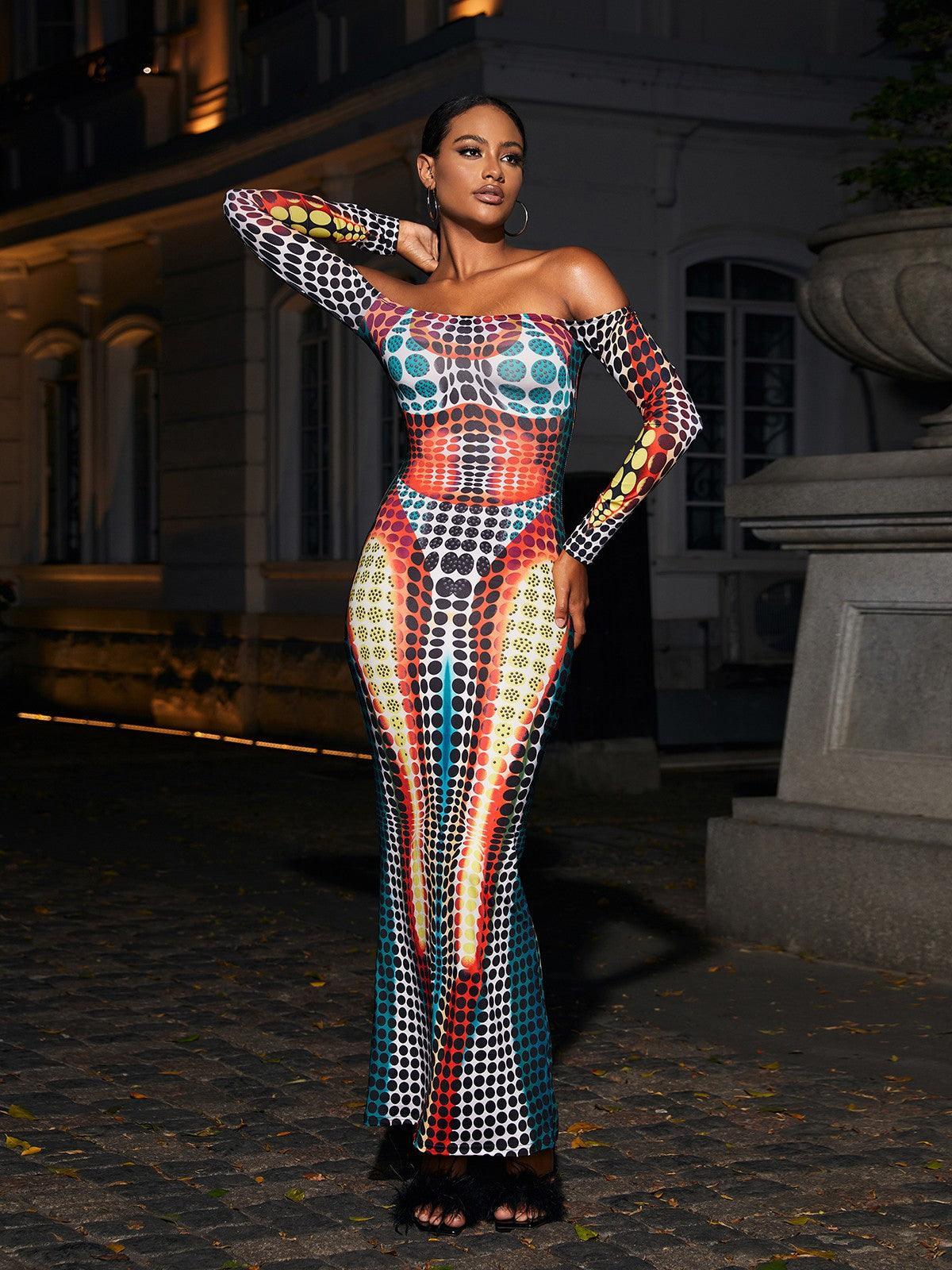 Off Shoulder Maxi Dress In Multi
