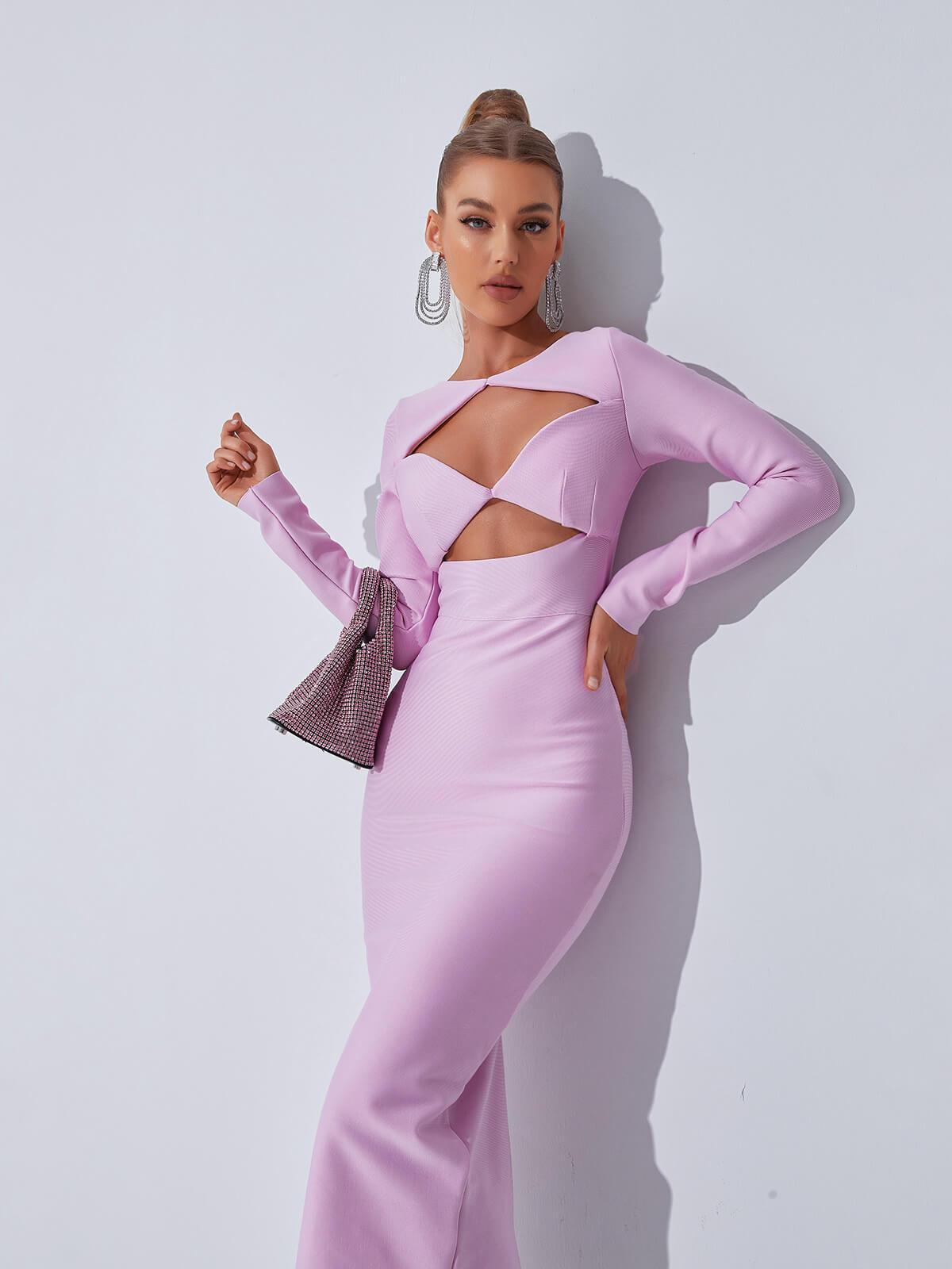 Long Sleeve Twist Front Cutout Bandage Bodycon Midi Dress