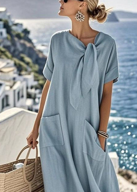 Italian Beige Bow Pockets Solid Long Dresses Summer
