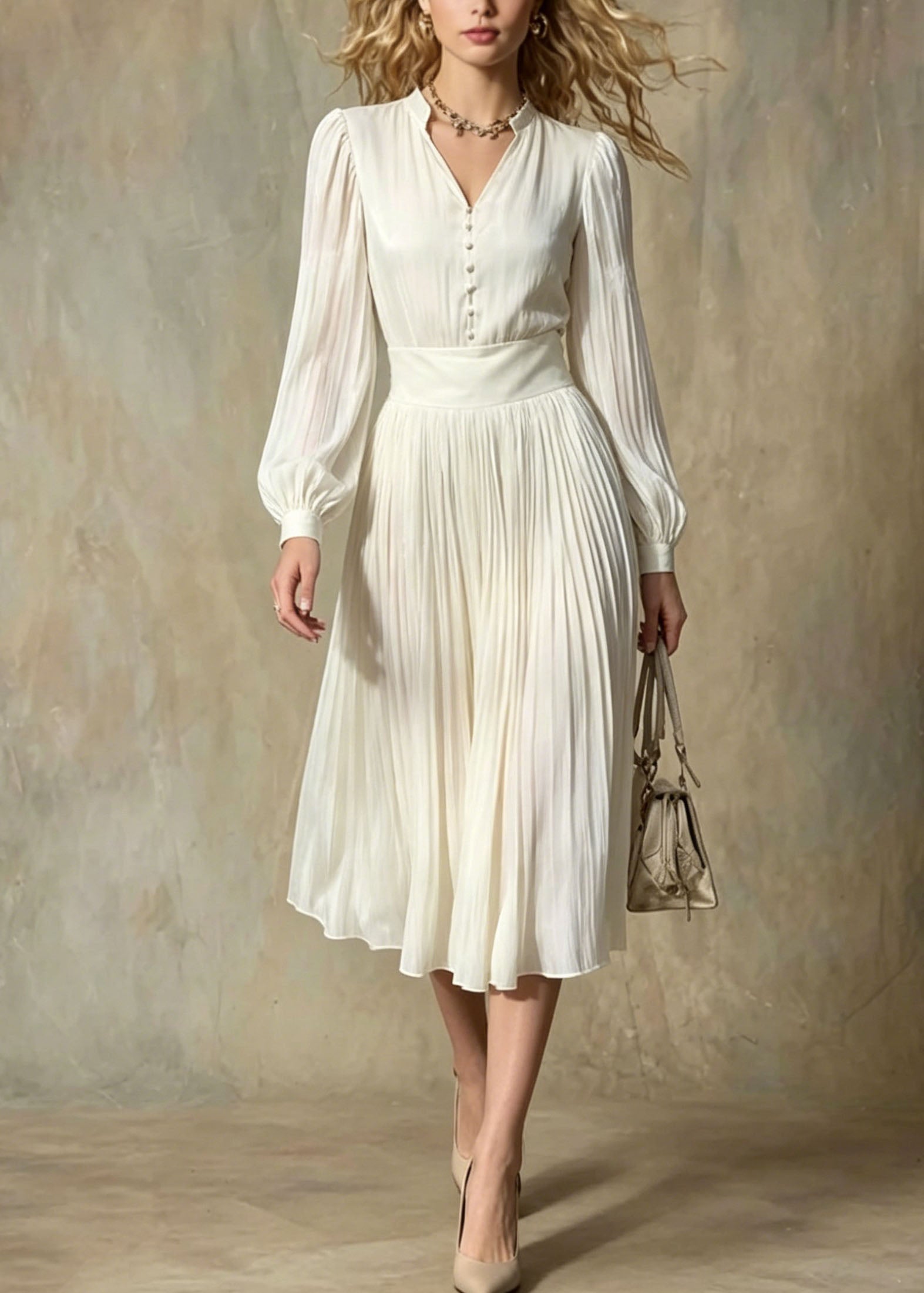 Italian Beige V Neck Button Patchwork Silk Maxi Dresses Lantern Sleeve