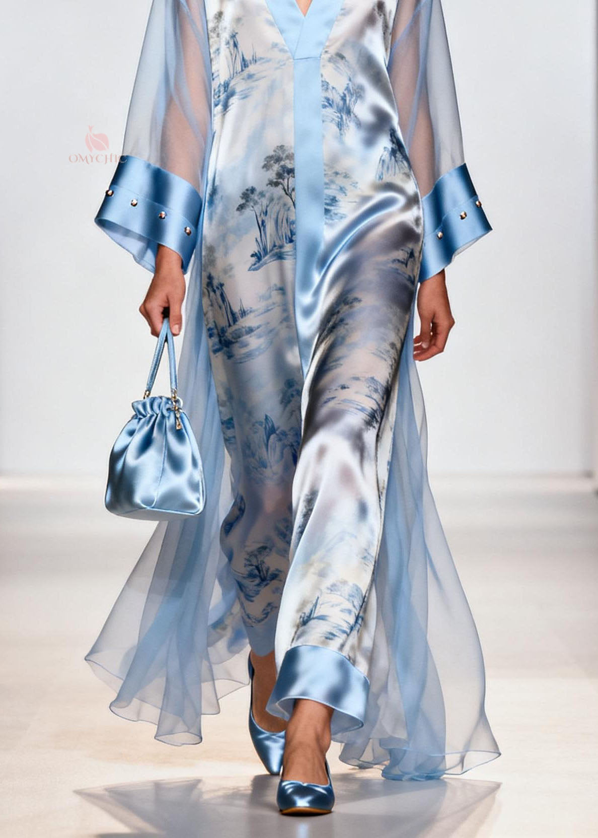 Italian Blue V Neck Print Zircon Chiffon Dresses Summer