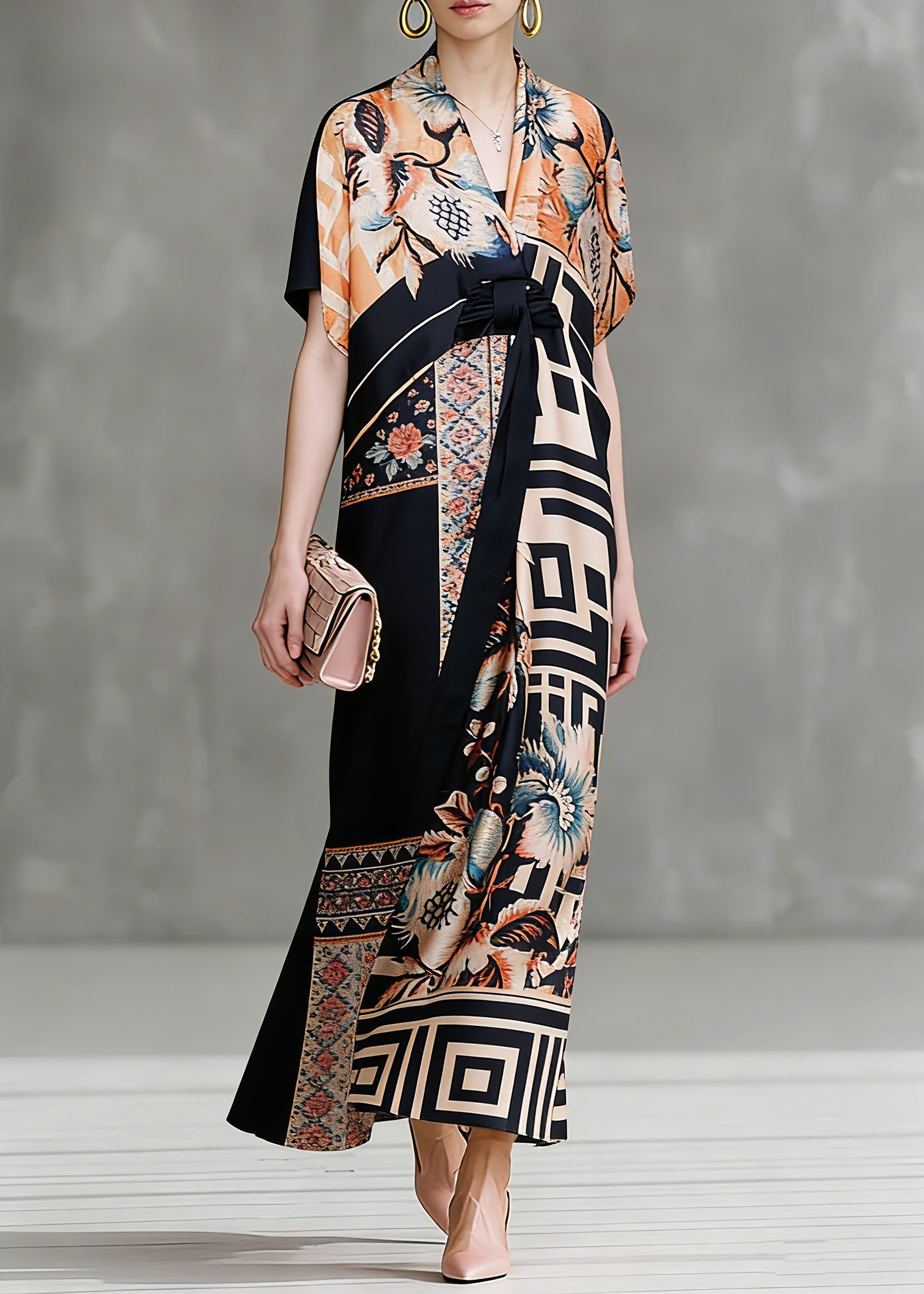 Italian Colorblock V Neck Asymmetrical Design Print Silk Dresses Short Sleeve