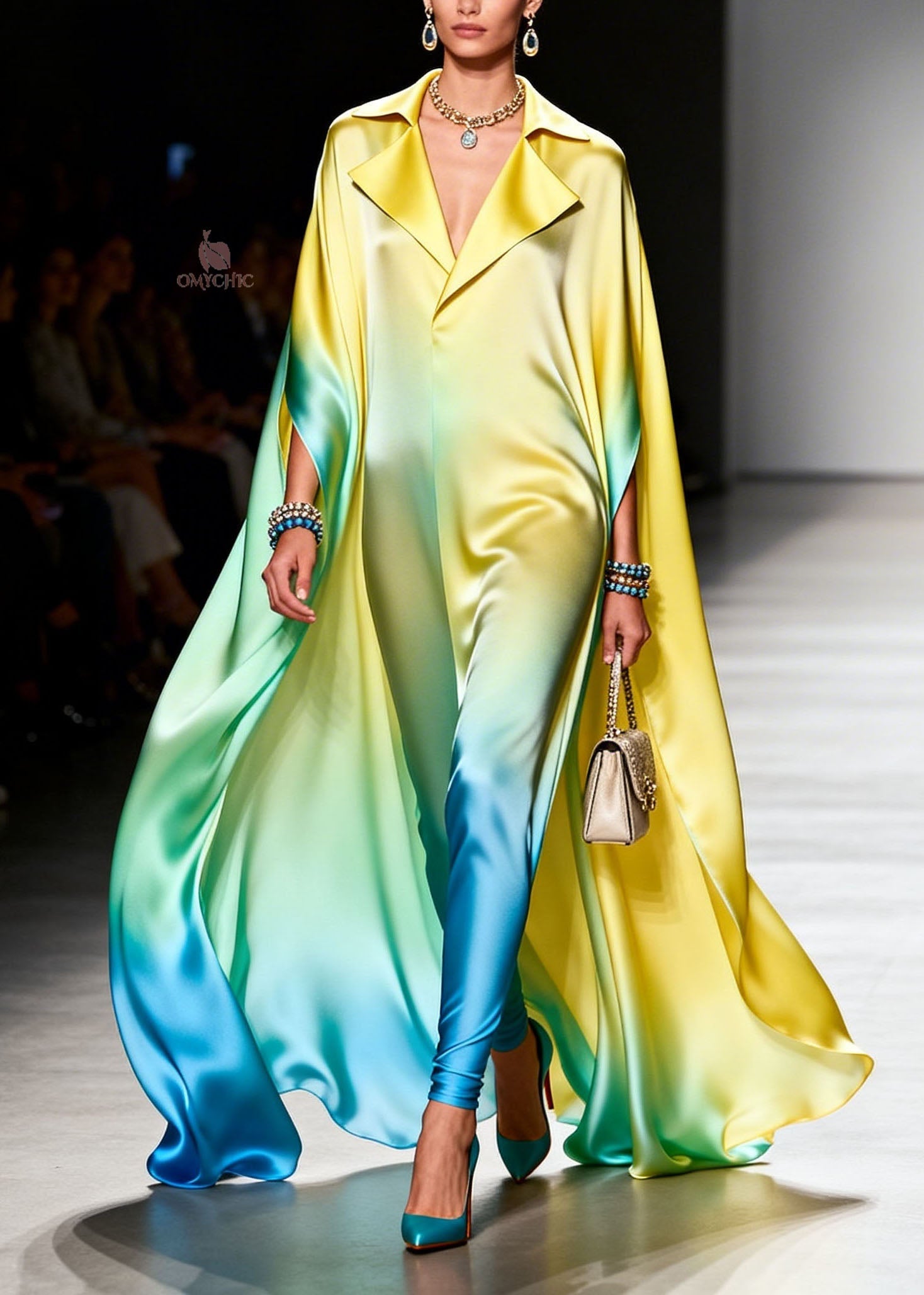 Italian Gradient Color Peter Pan Collar Chiffon Maxi Dresses Summer