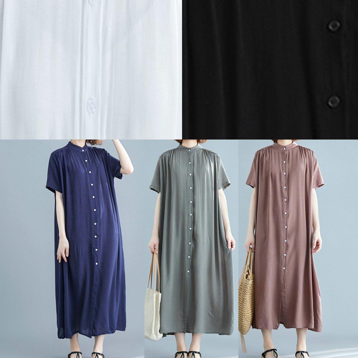 Italian Gray Tunics Stand Collar Robe Summer Dress