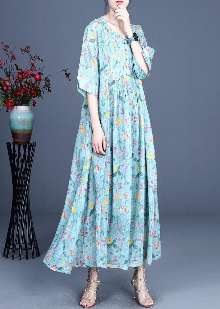Italian Green Print Cinched Summer Ramie Summer Dresses