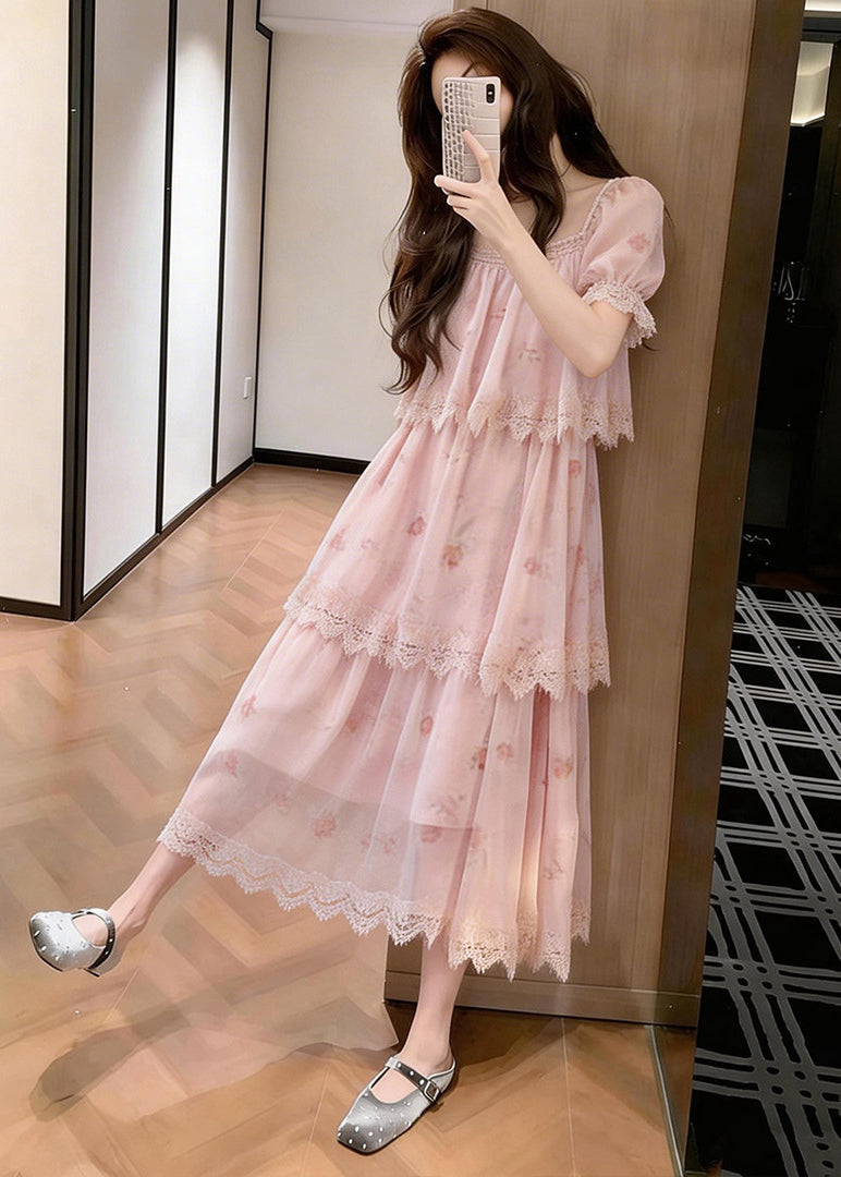 Italian Pink Layered Design Print Chiffon Vacation Dresses Summer