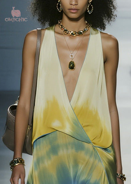 Italian Tie Dye Side Open Chiffon Maxi Dresses Sleeveless
