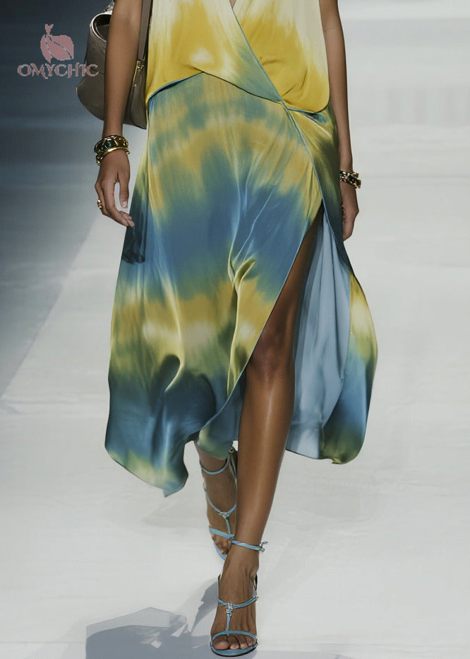 Italian Tie Dye Side Open Chiffon Maxi Dresses Sleeveless