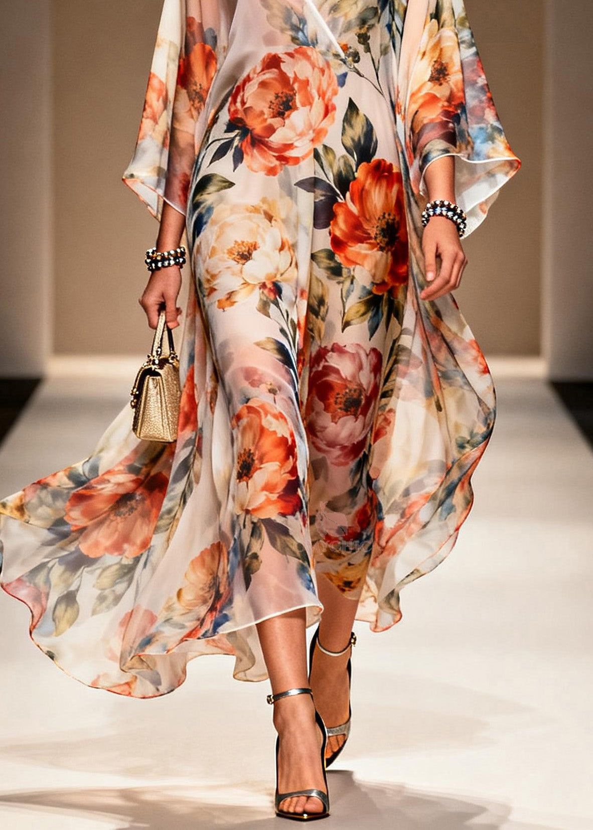 Italian V Neck Print Chiffon Long Dresses Summer