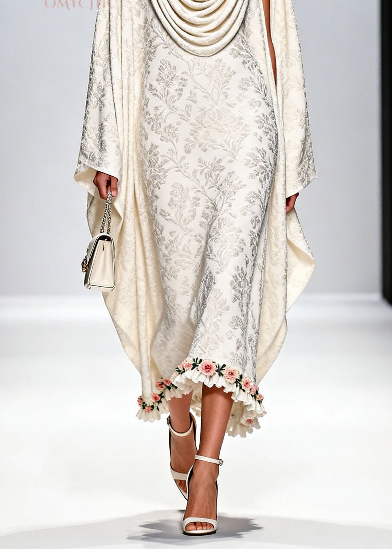 Italian White Draped Neckline Print Ruffled Floral Silk Dress Fall