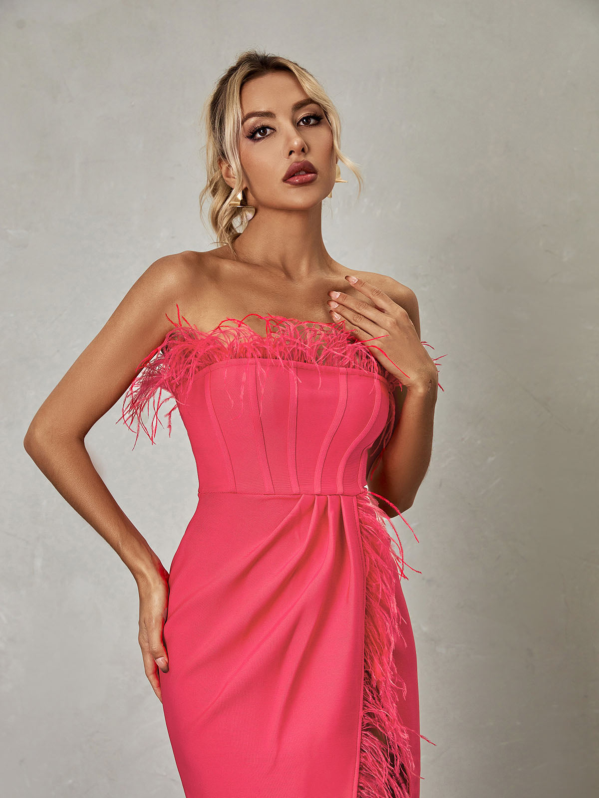 Strapless Feather Trim Ruched High Slit Bandage Bodycon Maxi Dress