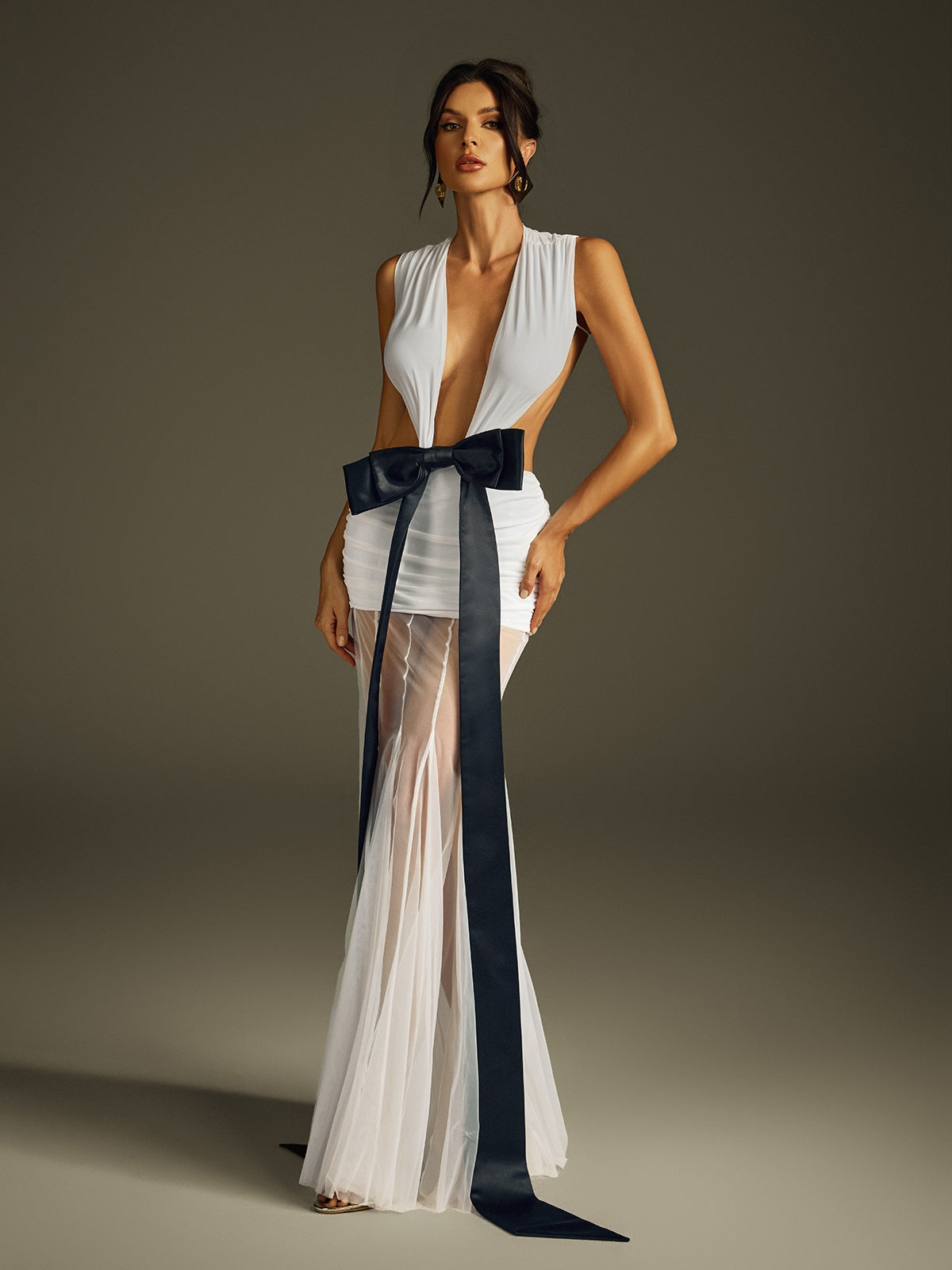 Sleeveless Bow Mesh Maxi Dress