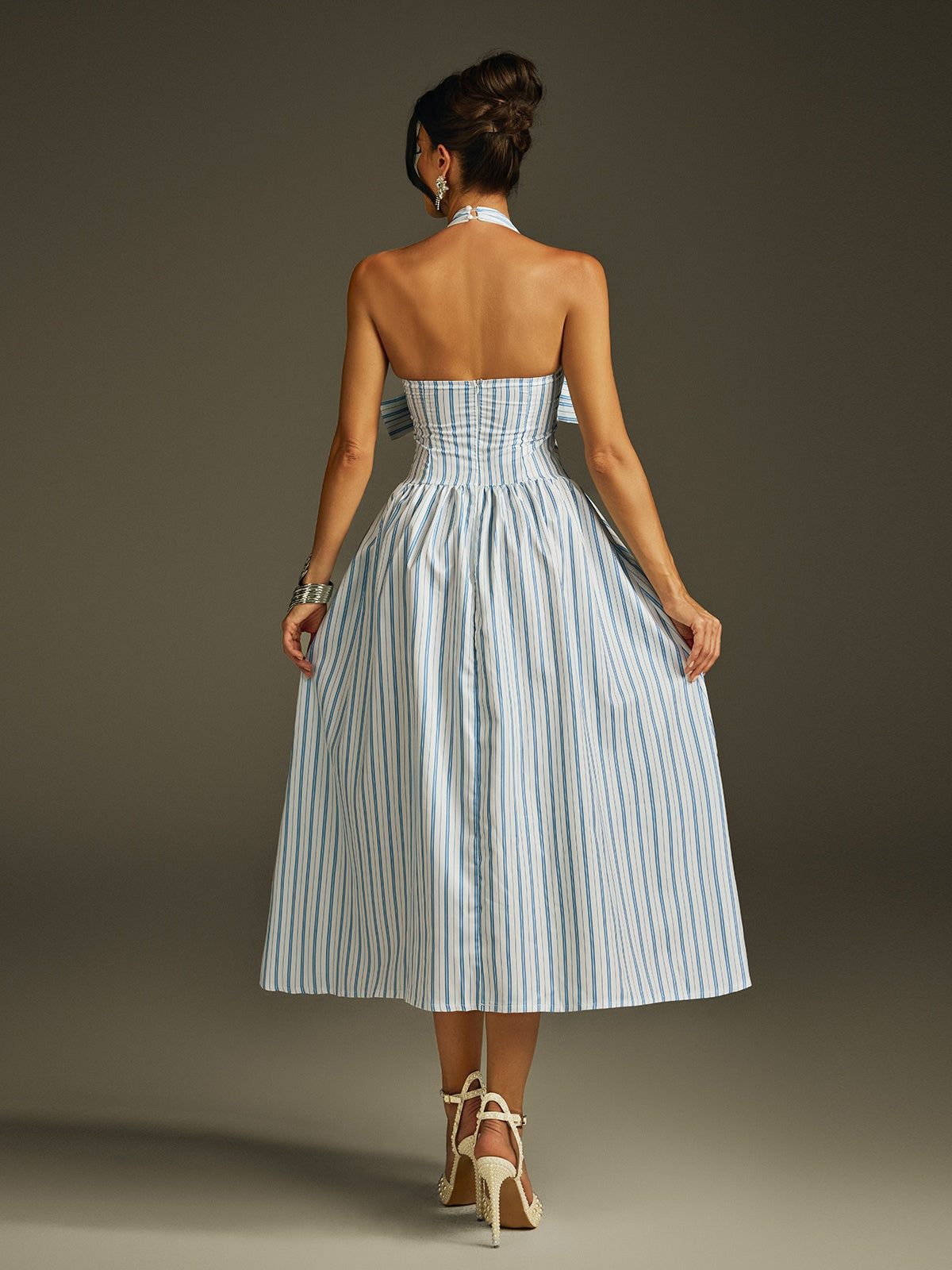 Halterneck Bow Stripe Midi Dress