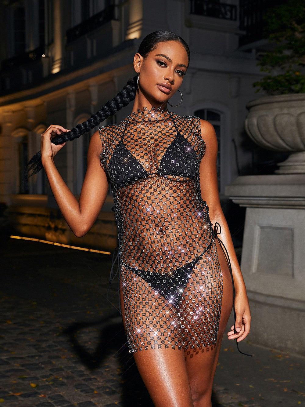 Mock Neck Rhinestone Fishnet Lace-Up High Slit Sheer Mini Dress