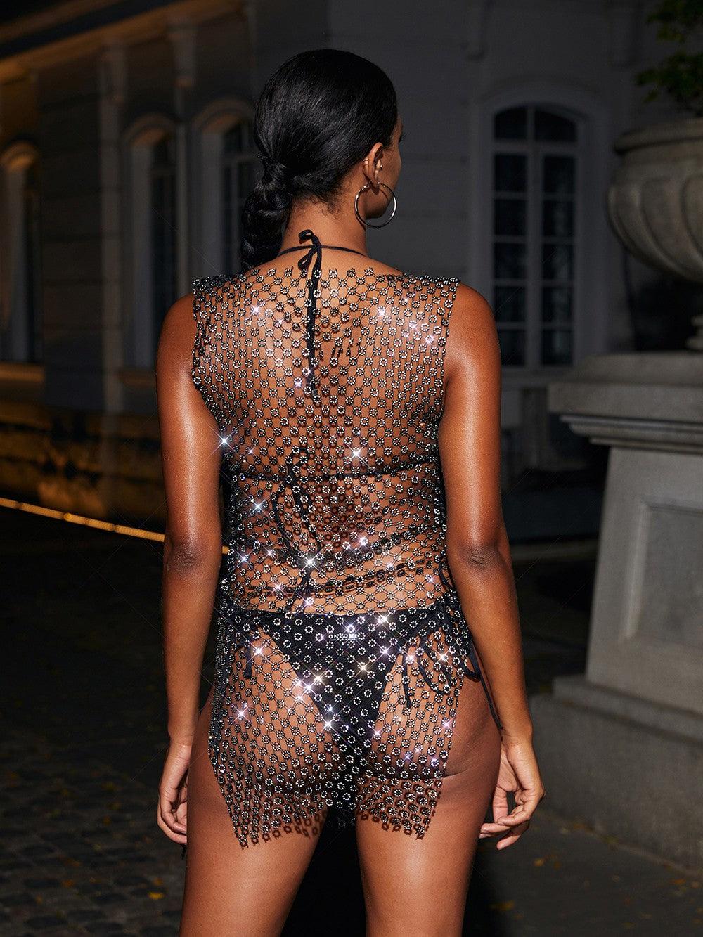 Mock Neck Rhinestone Fishnet Lace-Up High Slit Sheer Mini Dress