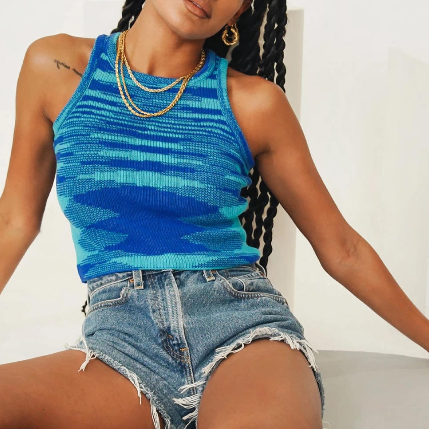 High Neck Contrast Knit Crop Tank