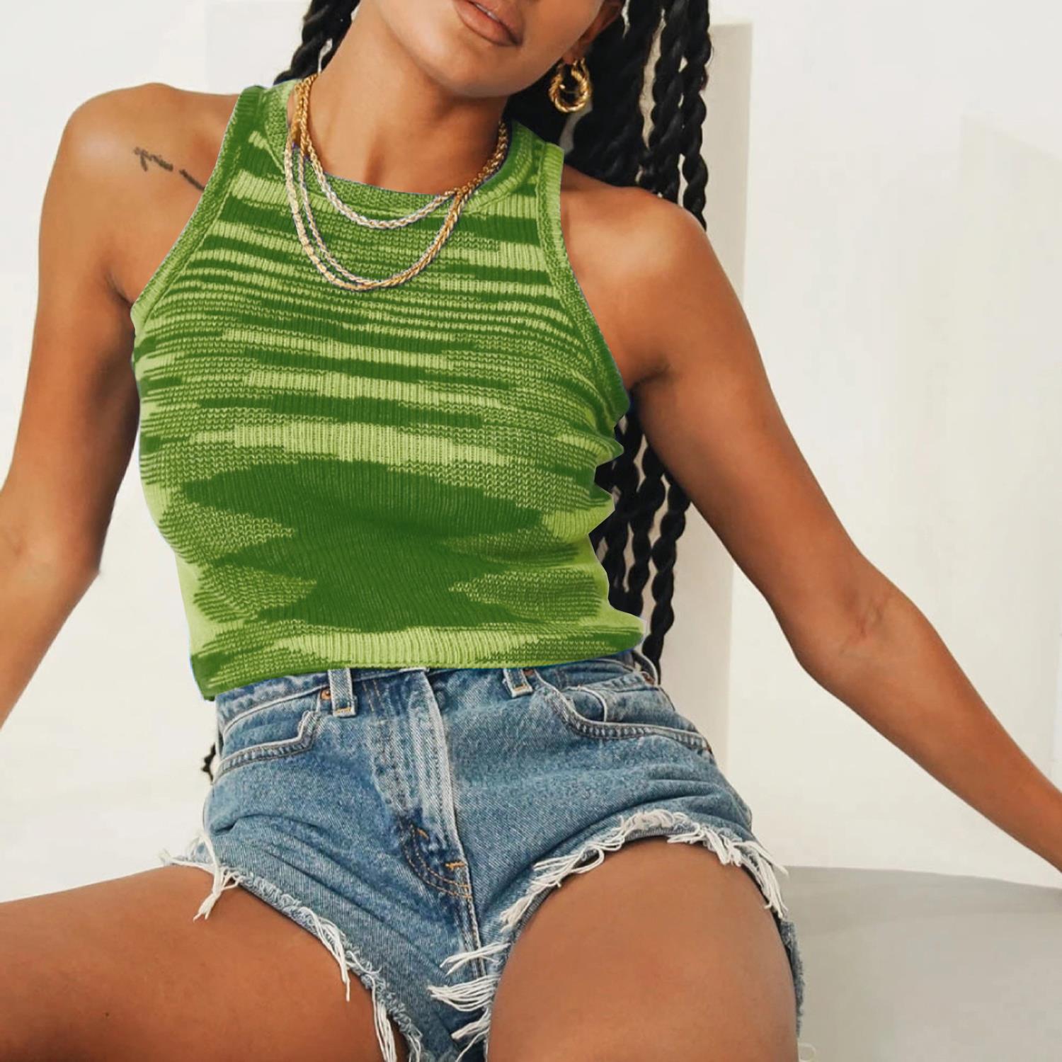 High Neck Contrast Knit Crop Tank