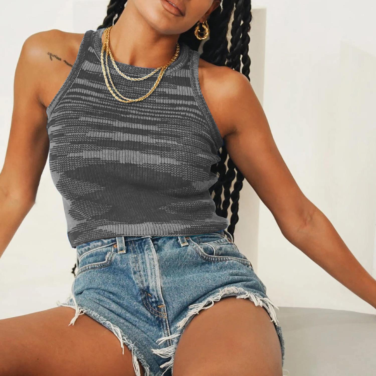 High Neck Contrast Knit Crop Tank