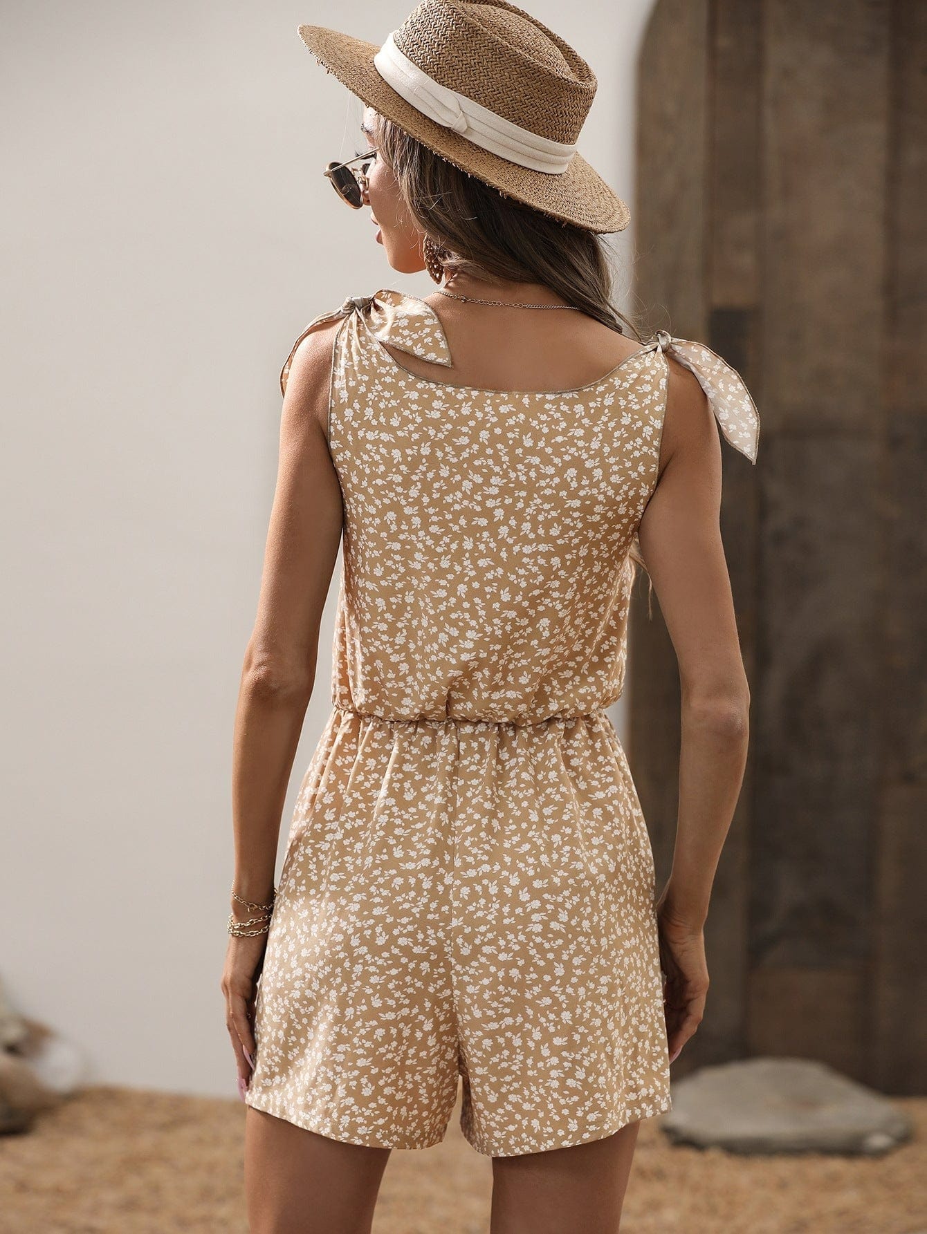 Tie Shoulder Button Front Romper