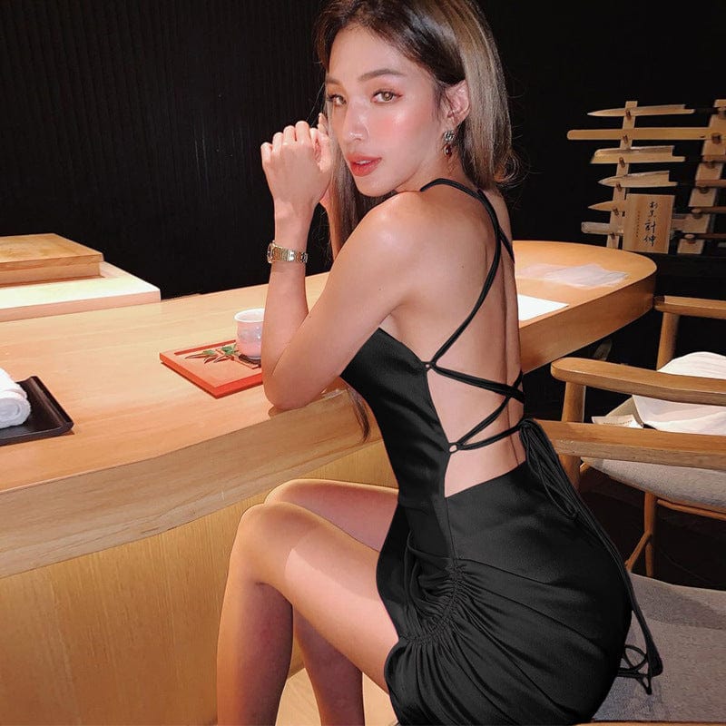 Halter Drawstring Open Back Mini Slip Dress