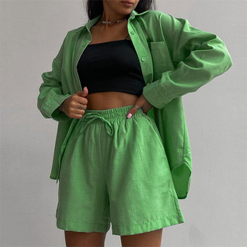 Long Sleeve Button Down Shirt & Drawstring Short Set