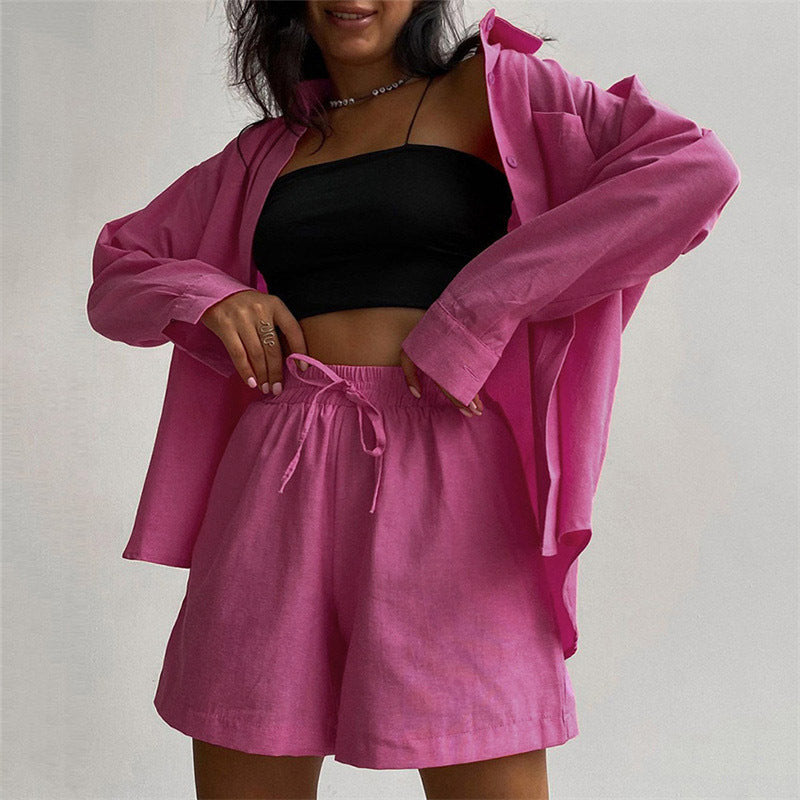 Long Sleeve Button Down Shirt & Drawstring Short Set