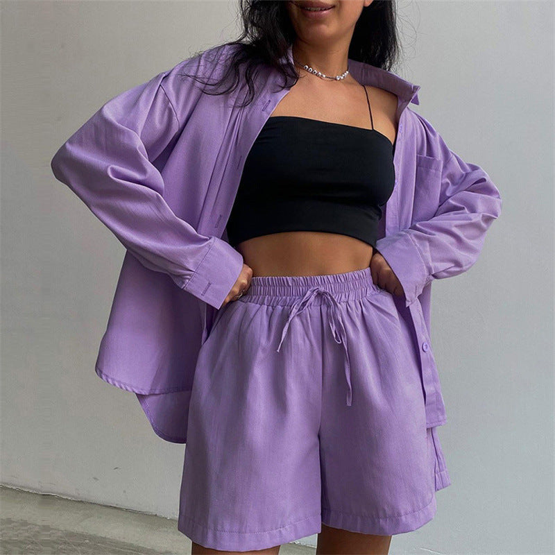 Long Sleeve Button Down Shirt & Drawstring Short Set