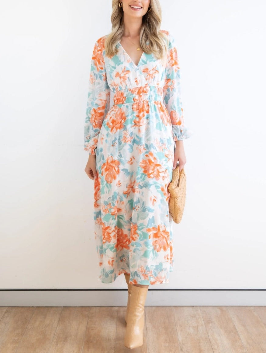 Floral Print Shirred Waist Dress