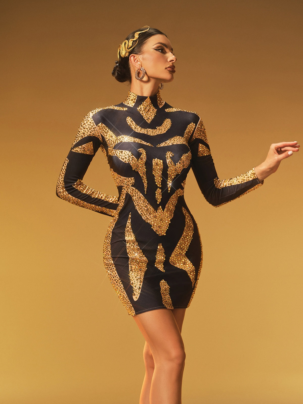High Neck Rhinestone Mini Dress