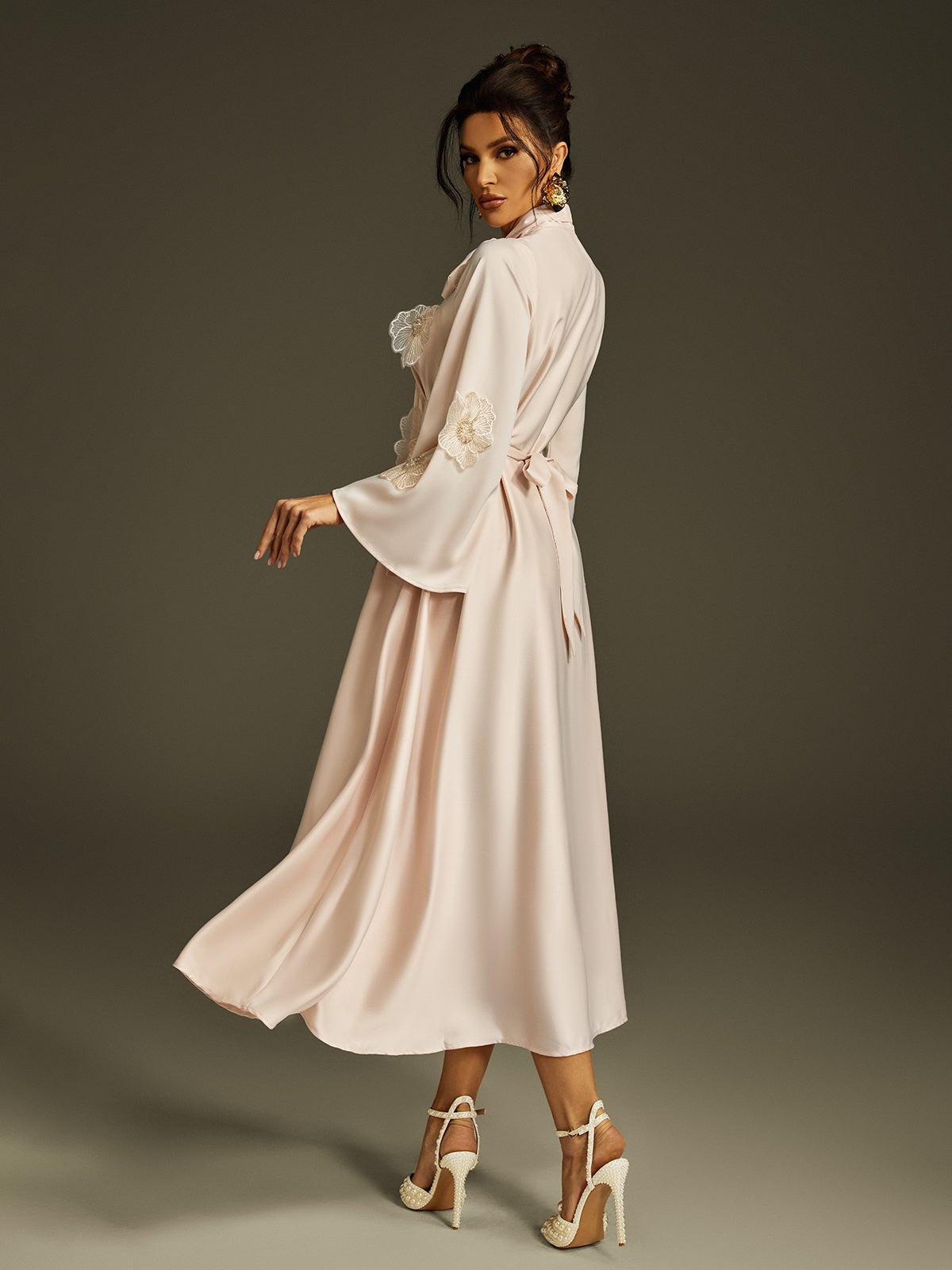 Tie Up Flower Satin Maxi Dress In Apricot