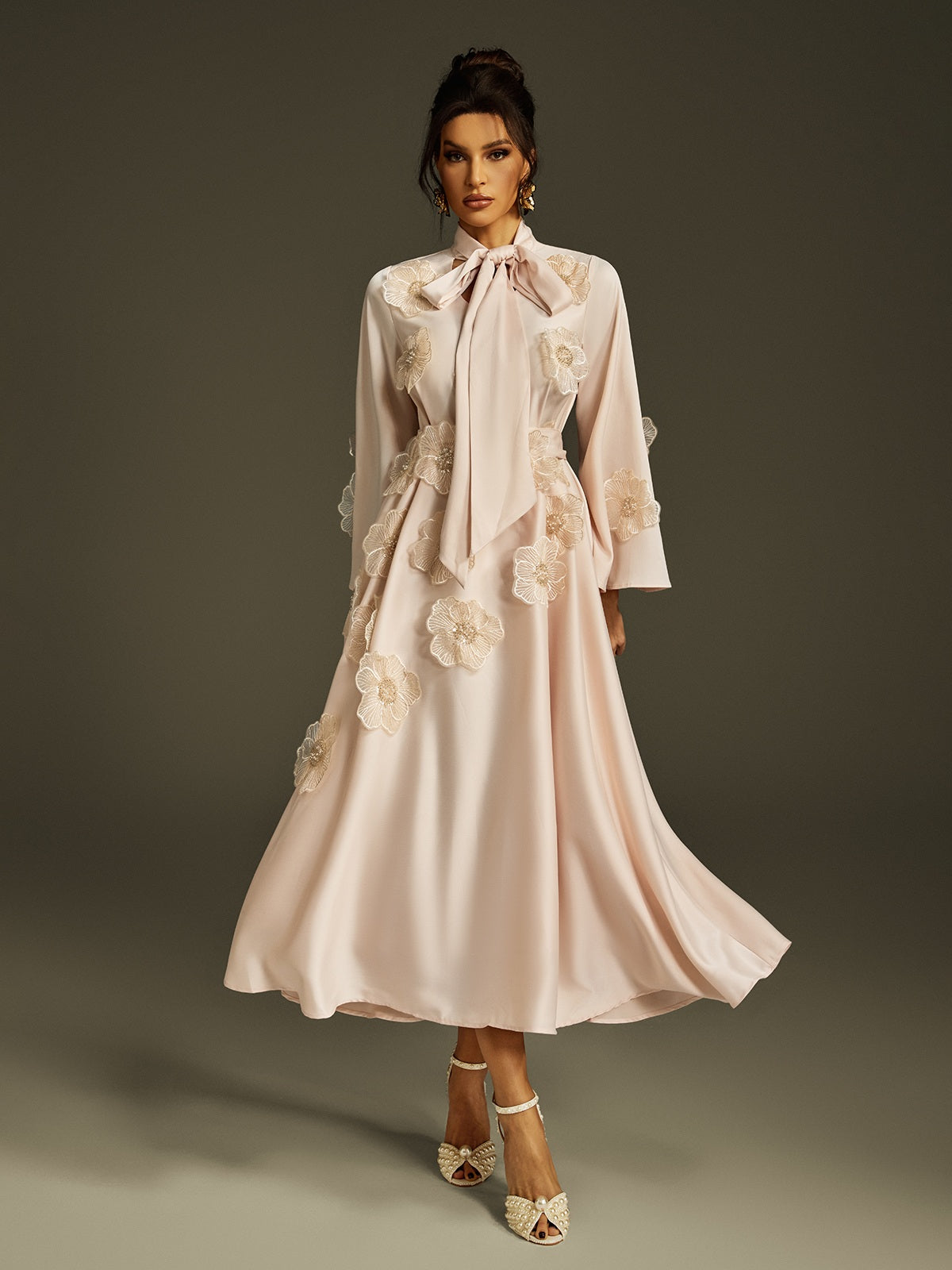 Tie Up Flower Satin Maxi Dress In Apricot