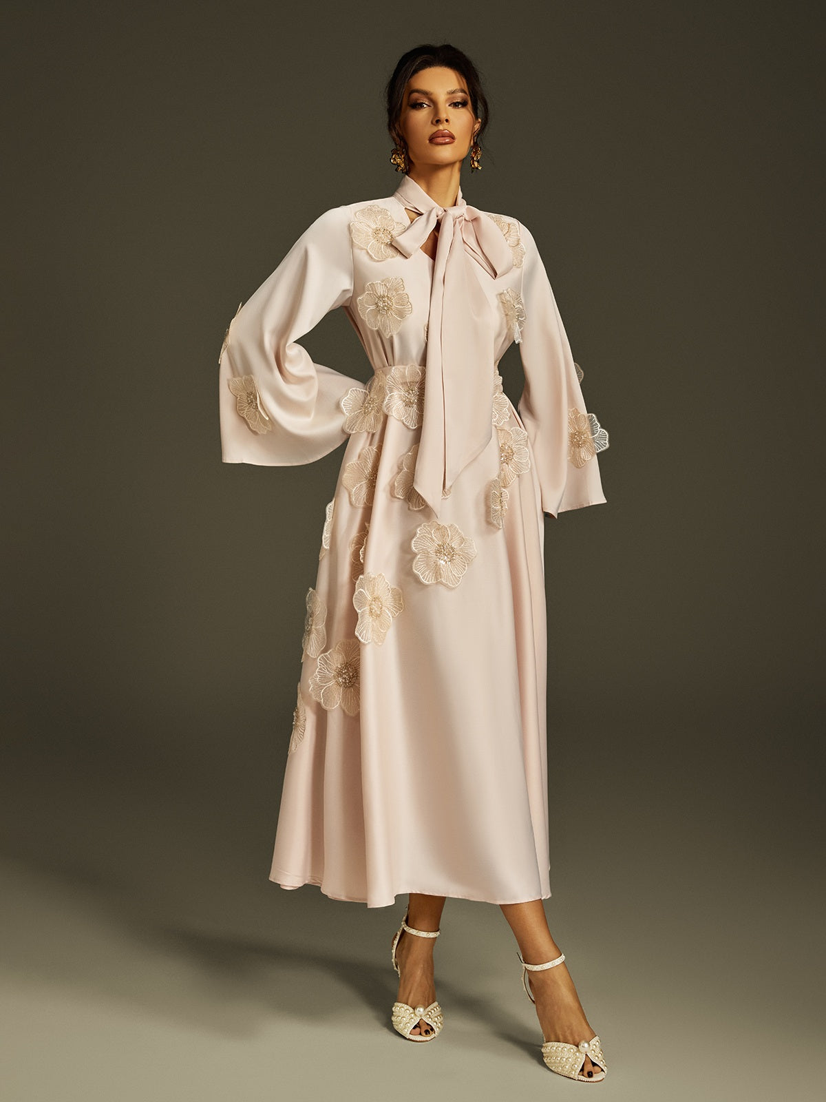 Tie Up Flower Satin Maxi Dress In Apricot