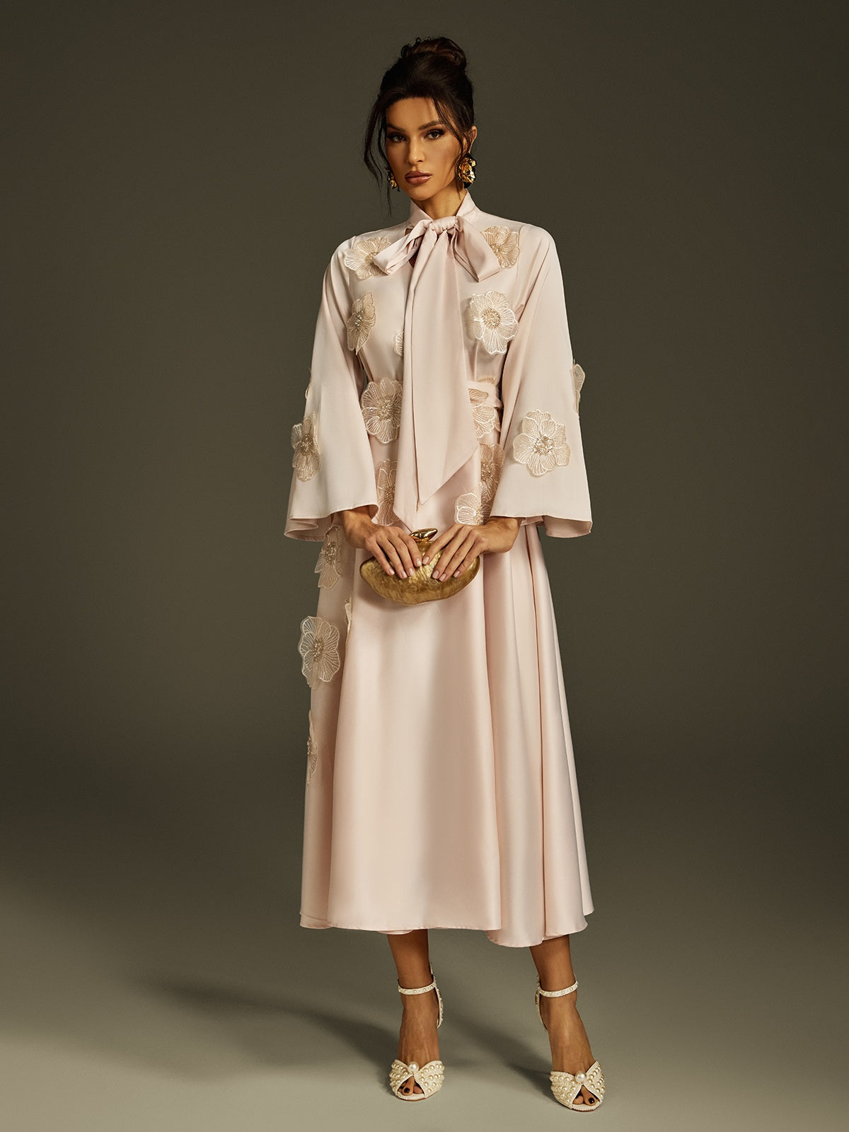 Tie Up Flower Satin Maxi Dress In Apricot