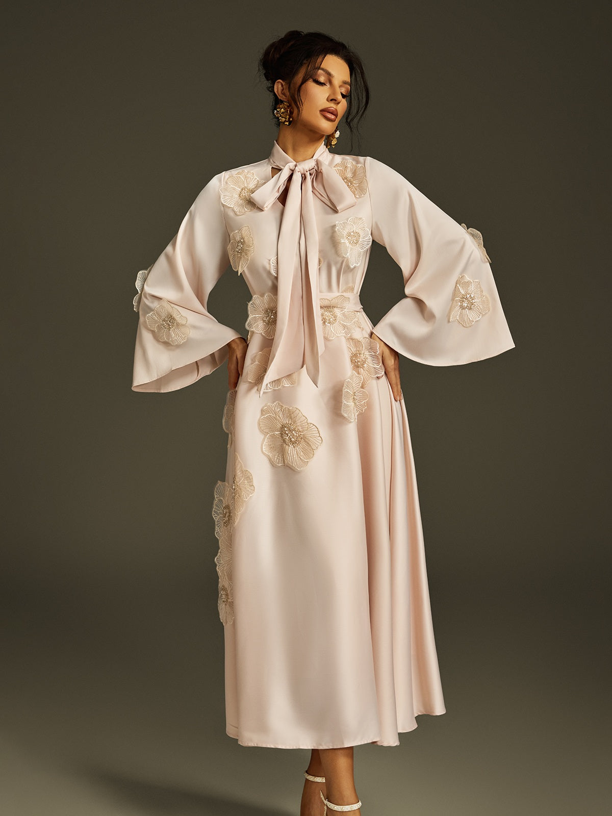 Tie Up Flower Satin Maxi Dress In Apricot