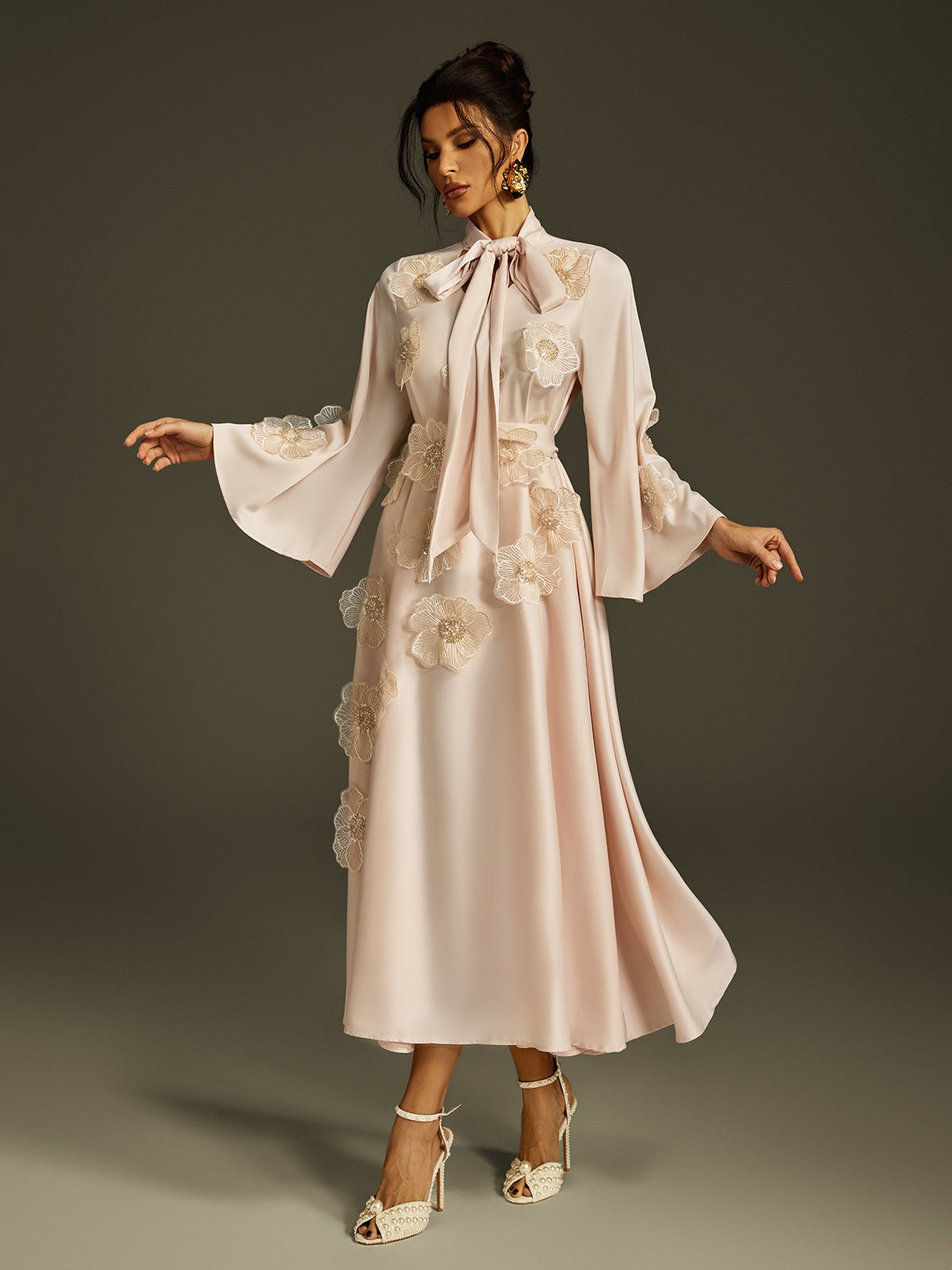 Tie Up Flower Satin Maxi Dress In Apricot