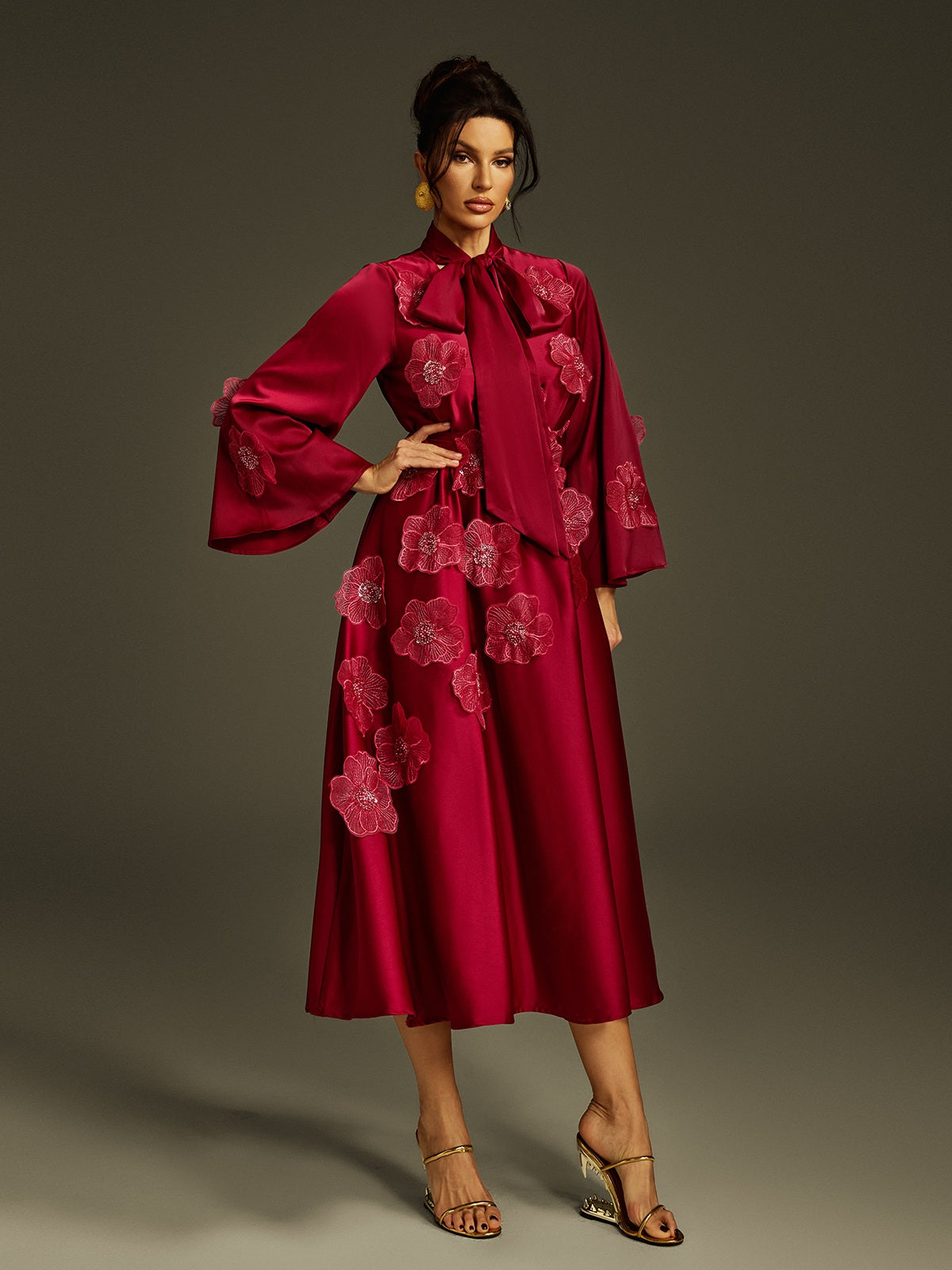Tie Up Flower Satin Maxi Dress In Wine