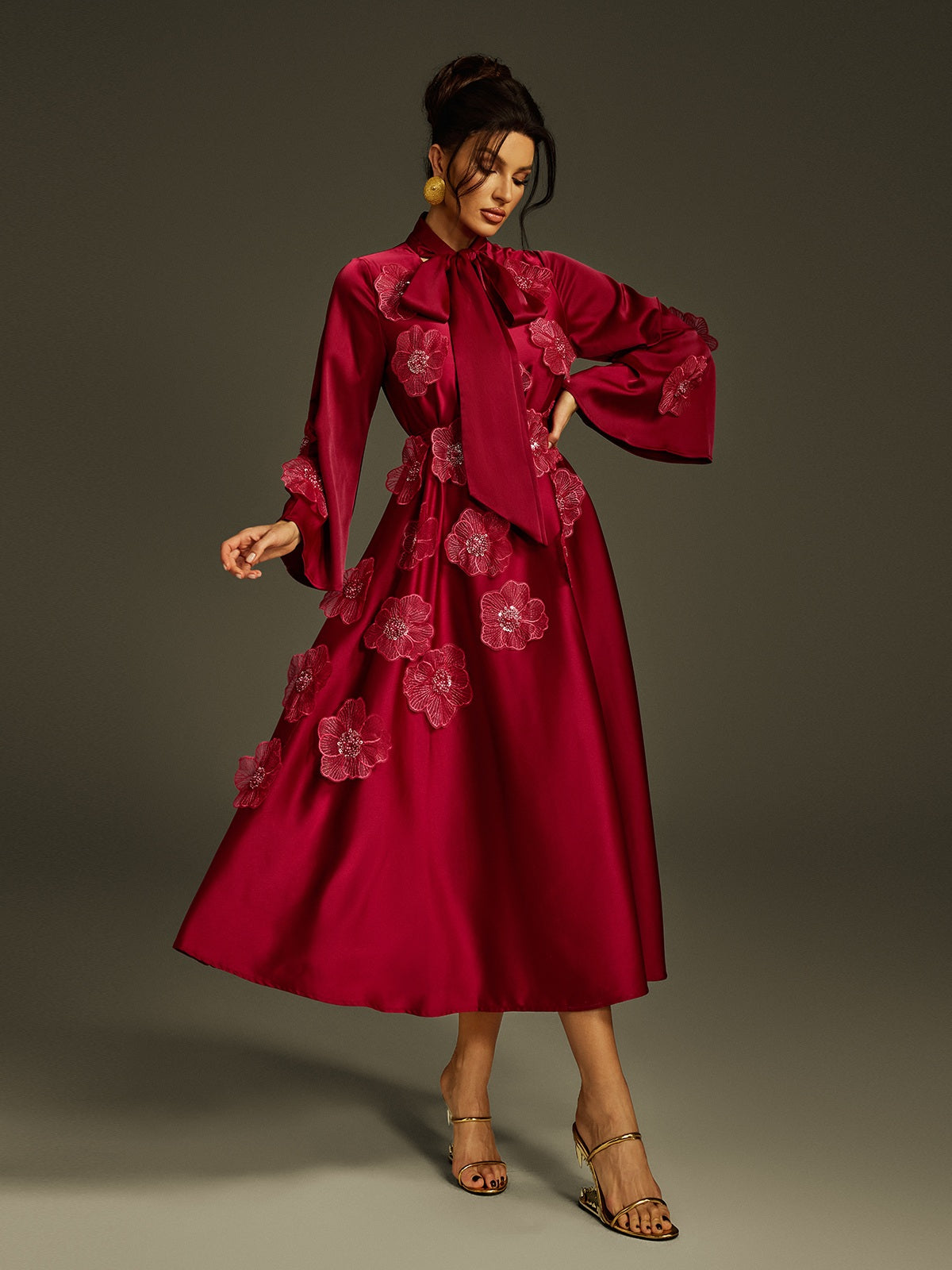 Tie Up Flower Satin Maxi Dress In Wine
