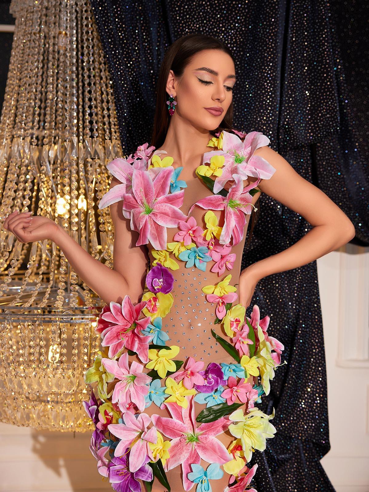 Sleeveless Flower Rhinestone Mesh Dress