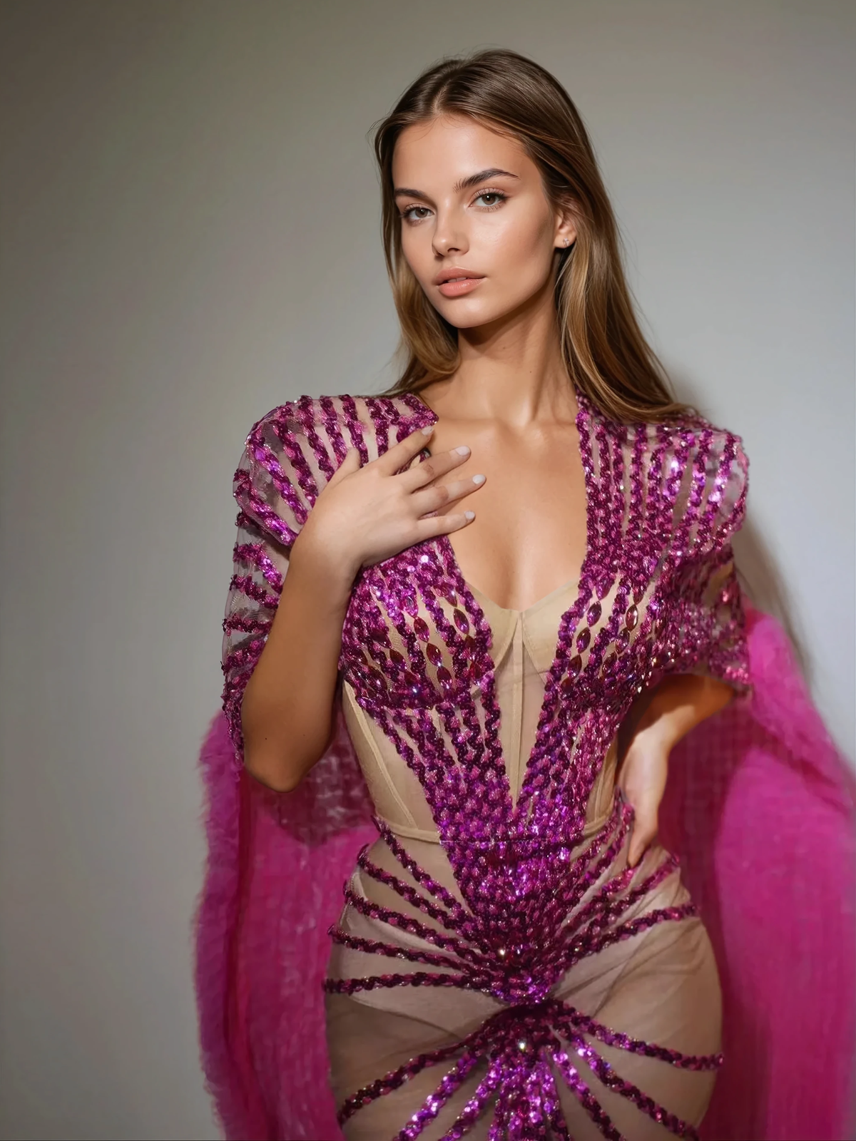 Sequin Embellished Cape Maxi Dress