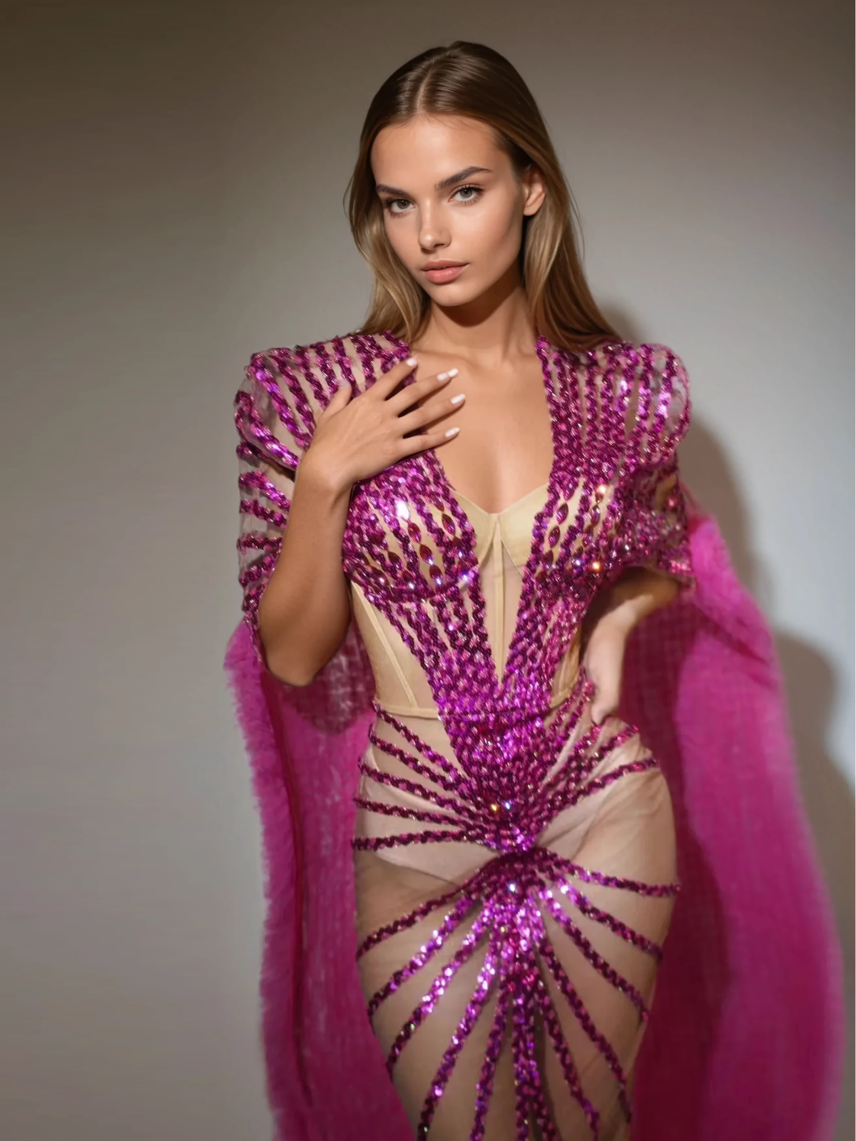 Sequin Embellished Cape Maxi Dress