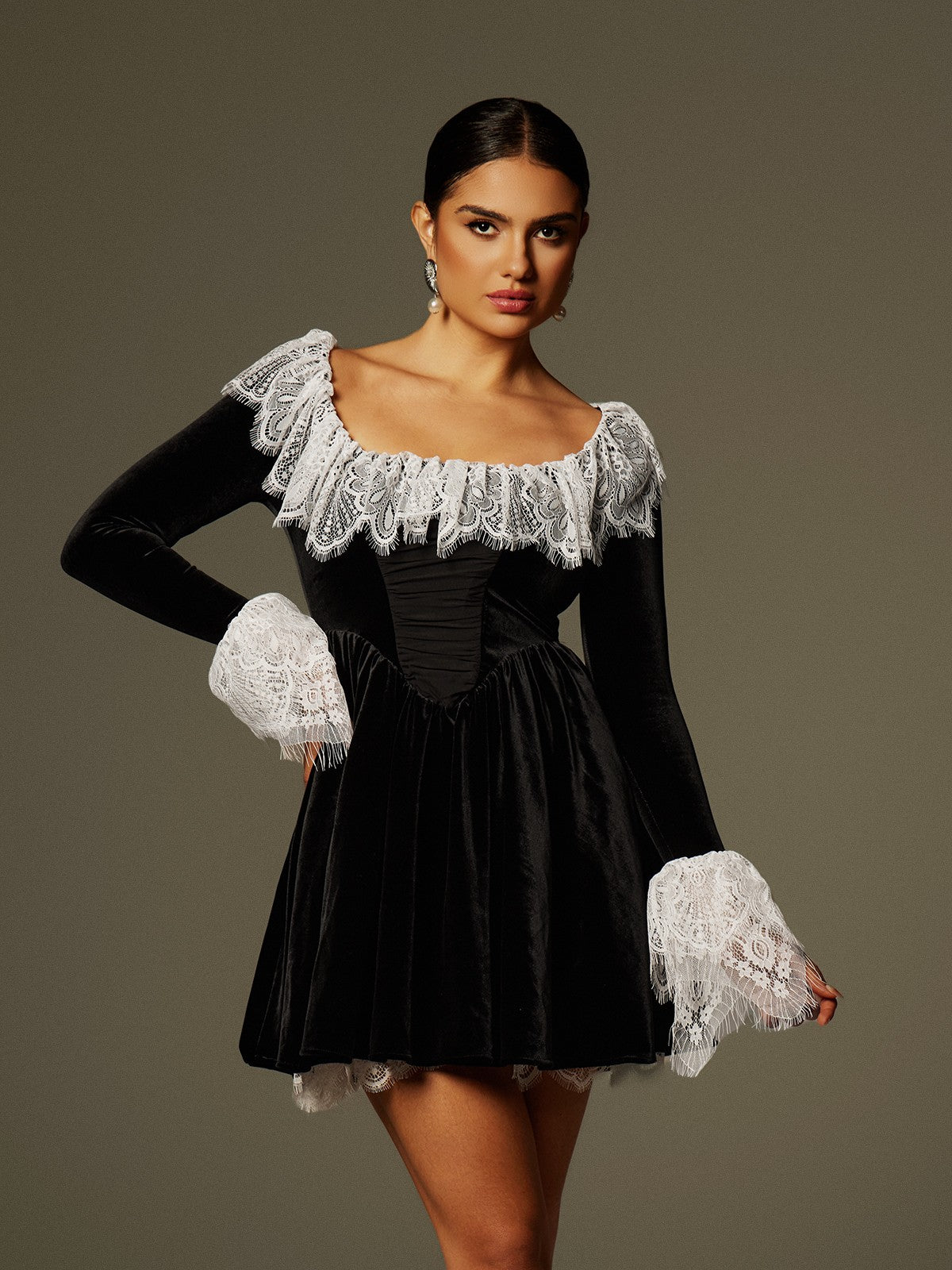 Lace Trimmed Velvet Mini Dress